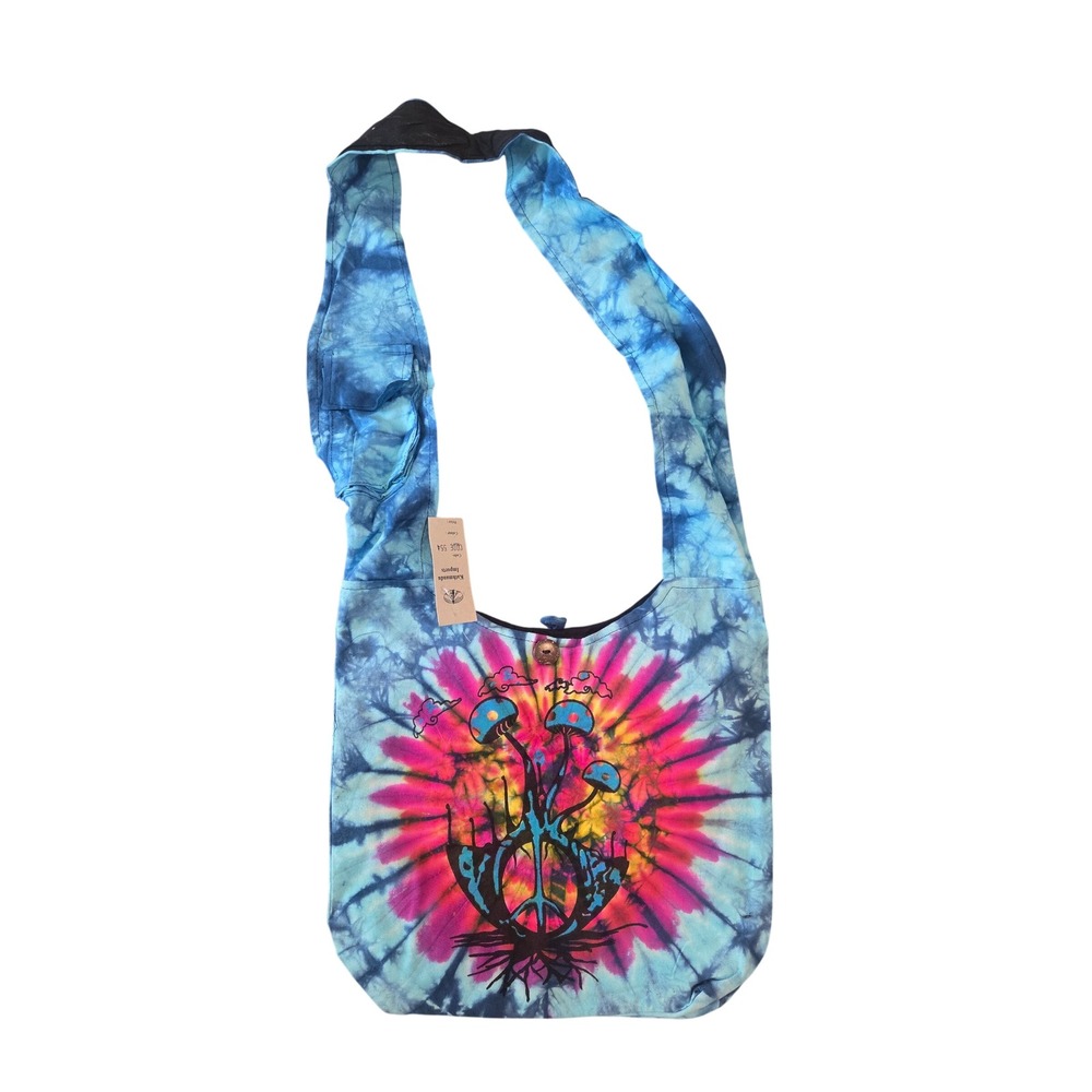 Kathmandu Imports Tie Dye Mushroom Peace Sign Boho Hobo Crossbody Sling Bag Blue